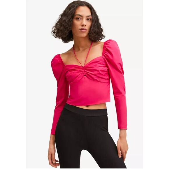 Mango Bright Pink Puff-Sleeved Halter Cropped Blouse Size 4 - Picture 10 of 12